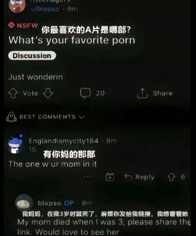 这是一张Reddit论坛r/teenagers板块的用户对话截图：
1. 楼主u/blopso发布了一个NSFW讨论帖，询问网友“你最喜欢的A片是哪部？”，只是出于好奇。
2. 网友Englandismycity184评论玩经典“妈梗”：“有你妈的那部”，试图用低俗玩笑调侃楼主。
3. 楼主却回复称自己的妈妈在3岁时就去世了，还请求对方分享链接，想看看妈妈的样子。
原本的恶意玩笑瞬间变成了令人唏嘘的扎心场景，玩梗的网友反而陷入尴尬，属于典型的玩梗翻车现场。