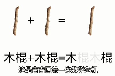 图片上方展示三根相同的木棍，从左到右依次排列为“木棍 + 木棍 = 木棍”的视觉等式；下方配有黑色文字“木棍+木棍=木棍木棍 这是吉吉国第一次数学危机”。通过将数学加法运算幽默地曲解为文字拼接，制造出“1+1=11”式的荒诞结果，调侃所谓“吉吉国”的数学逻辑矛盾，形成搞笑的“数学危机”梗。