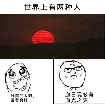 这是一张“世界上有两种人”系列的反差类网络梗图，画面上方展示了一轮暗红色的太阳（俗称“血日”），下方通过左右分栏的两个暴走漫画表情，呈现出两类人看到这一景象的截然不同的反应：左侧是双眼含泪、兴奋咧嘴的乐观派，发出“好美的太阳，活着真好！”的感慨，满是对眼前景色的赞叹与对生活的热爱；右侧是眉头紧锁、神情凝重的迷信担忧派，秉持传统观念说出“血日现必有血光之灾”，满是对未知的焦虑与担忧。整幅图通过极端的心态反差，制造出幽默搞笑的效果，生动展现了不同人面对同一事物时的视角与态度差异。