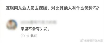 这是一张微博平台的社交媒体截图，画面上方是提问：“互联网从业人员去摆摊，对比其他人有什么优势吗？”，下方是一条来自北京、发布于09-11的网友回复：“菜里不会有头发。”。这条回复是玩了互联网从业者因工作强度大、普遍脱发的职场梗，用调侃的方式回答问题，暗指互联网从业者头发稀少，摆摊卖菜时不会有头发掉进菜里，用夸张搞笑的角度回应了原问题，十分贴合职场人的自嘲心态。