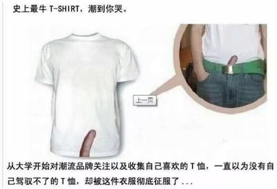 这是一张图文混排的趣味恶搞梗图，顶部配文称展示的是“史上最牛T-SHIRT，潮到你哭”，图的左侧是一件白色T恤的展示图，T恤下摆处印有特殊的凸起状图案；右侧用圆形放大框展示了这件T恤的上身效果：穿着者将手插在牛仔裤口袋里，T恤下摆的图案刚好和裤腰位置重叠，形成视觉错位，仿佛有隐私部位从裤腰处露出，极具搞笑效果。图中间还有一个标注“上一页”的按钮元素，底部配文以调侃的语气称发布者从大学起就关注潮流品牌、收集T恤，本以为没有驾驭不了的T恤，却被这件T恤彻底征服。