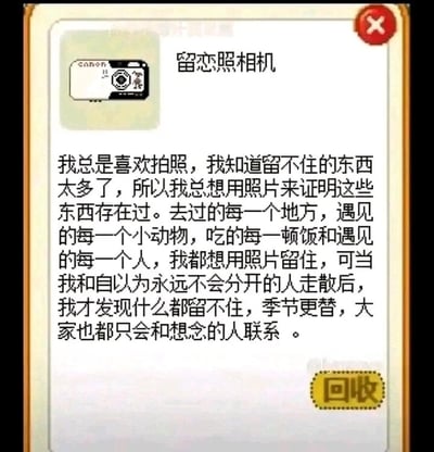 这是一张带有手机小游戏UI界面的静态图文混排图，界面顶部有红色圆形关闭按钮，左侧展示了一个佳能样式的卡通照相机图标，旁边配有标题“留恋照相机”。图标下方是一段充满伤感怅惘情绪的生活感悟文案，讲述了作者习惯用拍照留存生活中所有遇见的事物，却在与亲密的人走散后，明白很多事物终究留不住，感慨时光更替里人们只会维系与想念之人的联系。界面右下角设有黄色的“回收”按钮，整体风格偏向治愈系，通过细腻的文字传递出对逝去时光与关系的惋惜，容易引发观者的情感共鸣。