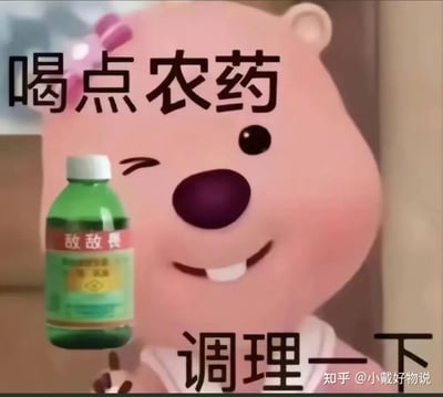 这是一张以卡通土拨鼠为主角的黑色幽默梗图。画面中，土拨鼠单手举着一瓶敌敌畏农药，配以“喝点农药 调理一下”的文字，带着呆萌微笑眨眼，形成强烈的反差感，用夸张方式表达“对生活无奈只想极端自嘲”的情绪。该梗常用于网络上抒发自嘲崩溃、丧系心态。

**暗示说明**：
- “喝农药”字面意思为自杀，但此处为极端自嘲的网络段子。
- “调理一下”通常用于身体调养，与喝农药形成强烈讽刺和黑色幽默。
- 该梗图传达的是无奈和自嘲，不建议认真对待。