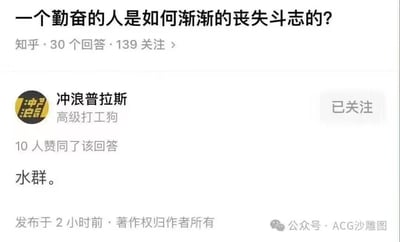 这是一张知乎问答的截图，页面顶部的提问为「一个勤奋的人是如何渐渐的丧失斗志的？」，该问题在知乎拥有30个回答、139位关注者。用户「冲浪普拉斯」（个人简介标注为「高级打工狗」）针对此问题给出了仅两个字的回答「水群。」，该回答获得了10人赞同，发布时间标注为2小时前。这个极简的回答用调侃的方式点出了在聊天群里闲聊摸鱼，会慢慢消磨人的斗志，精准戳中职场人日常摸鱼的状态，幽默又接地气。