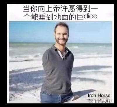 这是一张玩反差梗的搞笑P图，图中人物是天生无四肢的澳大利亚励志演讲家尼克·胡哲，他面带微笑坐在海滩地面上。图上方配有文字“当你向上帝许愿得到一个能垂到地面的巨diao”，利用人物没有四肢、身体直接“垂到地面”的身体特征，和许愿的内容形成错位的黑色幽默效果，通过这种反差感制造笑点。
梗的核心是：将“巨diao垂到地面”的许愿，结合尼克·胡哲无四肢的身体状况，字面化地理解为他的身体（因为没有四肢，下半身直接接触地面）对应“垂到地面”的描述，形成讽刺又搞笑的反差。