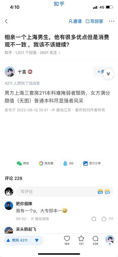 这是一张知乎问答的屏幕截图，提问内容为女生相亲结识了一位有诸多优点但消费观不一致的上海男生，询问是否该继续发展。高赞答主用反讽的语气调侃提问者的心态，写道「男方上海三套房211本科难掩弱者颓势，女方满分颜值（无图）普通本科尽显强者风采」，精准吐槽这类相亲提问中潜在的优越感。评论区有网友接力玩梗，留言「我有一个p，大专即本一😆」，进一步放大了讽刺效果，整体内容充满对相亲话题中奇葩心态的吐槽，风格搞笑辛辣。