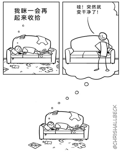 这是一幅三格连环漫画，第一格中，一个卡通小人躺在堆满杂物、地面满是污渍和垃圾的沙发上，一脸惬意地打算先睡一觉再收拾房间；第二格是小人的梦境，他站在干净整洁的沙发旁，惊喜地感叹房间突然变干净了；第三格回到现实，小人从沙发上醒来，发现房间依旧和睡前一样脏乱，脸上露出郁闷的表情。漫画通过梦境与现实的强烈反差，讽刺了拖延症患者逃避家务的心理，将希望寄托在“问题自动解决”的幻想上，最终只能面对残酷现实的日常状态。