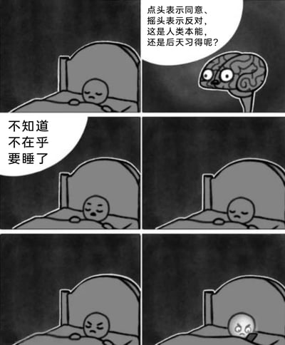 这是一组六格黑白卡通连环漫画，描绘了人们睡前常遇到的搞笑又烦躁的场景：第一格，一个困倦的卡通小人躺在床上准备睡觉，一个拟人化的大脑形象悬浮在旁边，好奇地提问：“点头表示同意、摇头表示反对，这是人类本能，还是后天习得呢？”；第二格，小人闭着眼睛，不耐烦地回应：“不知道 不在乎 要睡了”，只想赶紧入睡；第三格，小人原本放松的神情变得有些纠结，显然大脑的问题开始在他脑海里盘旋；第四格，小人皱起眉头，脸上满是烦躁，已经完全被这个问题缠住，无法顺利入睡；第五格，小人愤怒地坐起身，表情十分恼火；第六格，能看到小人手里拿着手机，显然是被这个问题逼得不得不起来搜索答案，生动展现了睡前被大脑无意义问题打扰的无奈与烦躁。