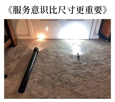 图片上方配有标题《服务意识比尺寸更重要》，下方是一张实拍图：地毯上放着两个手电筒。左侧较长的手电筒仅发出微弱的小光束，而右侧较短的手电筒却投射出明亮宽大的光束。通过对比，用手电筒的尺寸与光束效果比喻服务行业中，服务意识（如同明亮的光束）比单纯的“尺寸”（如同手电筒的长度）更重要。
