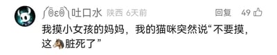 这是一张来自国内社交媒体的评论截图，评论者的头像是独立游戏《空洞骑士》的主角小骑士，昵称是“∫@ε@∫吐口水”，IP地址显示为陕西，发布于6天前，该评论获得了49个赞。评论内容是一个玩谐音梗的无厘头搞笑段子：“我摸小女孩的妈妈，我的猫咪突然说‘不要摸，这🐴脏死了’”，其中表情“🐴”谐音“妈”，猫咪的话表面说“这马脏死了”，实际是谐音暗指“这妈脏死了”，通过“猫咪会说话”的荒诞设定和谐音手法，制造出搞笑、戏谑的效果。