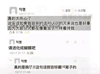 这是一段来自匿名社交平台的对话截图，完整记录了一位情绪低落的网友被陌生人温柔治愈的过程：10月17日21:11，一位匿名用户发布了充满负面情绪的发言，称自己极度伤心，觉得自己如同被人当作虫子般看待，甚至产生了“自己自杀对认识的人是好事”的极端想法；21:17，另一位匿名用户用一句“请进化成蝴蝶吧”回应，这句回复将用户自比的“虫子”与象征蜕变、新生的“蝴蝶”关联，把负面的自我认知转化为充满希望的期许，获得了22个赞；21:44，最初发言的用户再次回应，表达了自己被这句话深深触动，称会将其珍藏一辈子。这段对话传递出陌生人之间的温柔善意，用巧妙的比喻消解了负面情绪，充满治愈感。