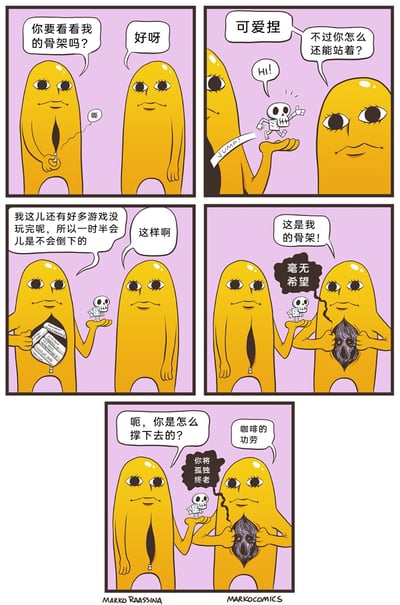 这是一组带有黑色幽默的连环漫画，共五格。第一格中，左侧黄色拟人生物询问右侧同伴要不要看自己的骨架，右侧表示同意，左侧拉开自己的身体；第二格，左侧拿出一个挥手打招呼的活泼小骷髅骨架，右侧夸赞可爱并疑惑它为何还能站着；第三格，左侧解释自己还有很多游戏没玩完，所以一时半会儿不会倒下，右侧表示理解；第四格，右侧拉开自己的身体，露出一团黑暗、充满绝望气息的“骨架”，左侧见状发出“毫无希望”的感慨，小骷髅也同步说出这句话；第五格，左侧询问右侧是怎么撑下去的，右侧回答是“咖啡的功劳”，同时小骷髅预言左侧“你将孤独终老”。漫画通过两个角色的对比，用夸张的拟人化手法，调侃了当代人在不同精神状态下支撑自己的微小理由，一边是对娱乐的念想带来的动力，一边是在绝望中靠咖啡因硬撑的麻木，充满自嘲意味。