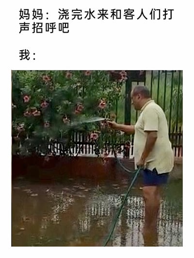 这是一张调侃社交恐惧的流行梗图，图上方是妈妈的话语：“浇完水来和客人们打声招呼吧”，下方配图是一位中年男子站在已经明显积水的区域里，依然拿着水管持续给植物浇水，用这种“无限拖延浇水”的行为，来逃避和客人打招呼的社交场合，精准地表现出社恐人群面对社交时，想尽办法找借口回避的心理状态，引发有类似经历人群的共鸣。