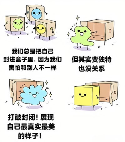 这是一张四格漫画风格的励志图片，通过拟人化的盒子和blob形象传达自我接纳的主题。左上格显示三个表情悲伤的彩色盒子(绿色、蓝色、黄色)封闭着自己；右上格是一个绿色blob从打开的盒子里出来，面带笑容，周围有星星特效；左下格是一个蓝色blob从打开的盒子里出来，同样面带笑容；右下格是一个黄色方块站在打开的盒子旁，表情平静。图片通过视觉对比展示了从封闭到开放、从悲伤到快乐的转变过程。