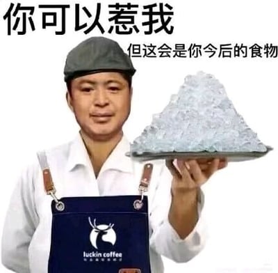 这是一张经过P图改编的网络搞笑梗图，创作者将真人形象与瑞幸咖啡的工作围裙合成，人物左手端着一盘堆积成山的碎冰，图中配有文字“你可以惹我 但这会是你今后的食物”，以幽默夸张的方式发出警告，暗示如果惹到自己，对方之后就只能以冰为食，结合瑞幸咖啡工作人员的身份，增添了职场整活的趣味感，适合用于调侃、警告朋友或同事，在网络社区中作为搞笑内容传播。