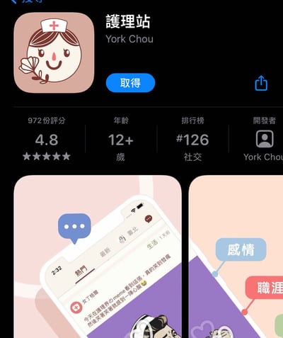这是一张移动应用商店的截图，展示了名为“護理站”(Nursing Station)的应用页面。页面顶部显示了应用图标，是一个戴着护士帽、面带微笑、手持花朵的卡通护士形象。应用名称下方标注了开发者为“York Chou”，并有一个蓝色的“取得”按钮。中间部分展示了应用的关键信息：972份评分，平均4.8星（五星满分），适合12岁以上用户，在社交类别中排名第126位。页面下方展示了两张应用截图，左侧截图显示了一个类似社交媒体的界面，有“热门”、“最新”等分类标签，以及一条用户发布的内容：“今天在護理站看到這張meme真的笑到發瘋😂”；右侧截图显示了“感情”和“職涯”等分类标签。