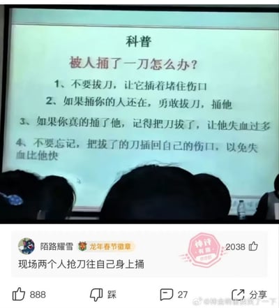 图片上半部分是一个科普主题的幻灯片截图，标题为“被人捅了一刀怎么办？”，下方列出四条荒诞的“急救建议”：不拔刀堵伤口、反击捅回去、拔对方刀让其失血、插回自己伤口控失血速度。幻灯片下方可见听众头顶。下半部分是社交媒体评论区截图，用户“陌路耀雪”评论“现场两个人抢刀往自己身上捅”获2038赞，标注“神评”，并显示888点赞、27评论等互动数据。整体通过反差感制造搞笑效果，用伪科普形式调侃荒诞逻辑。