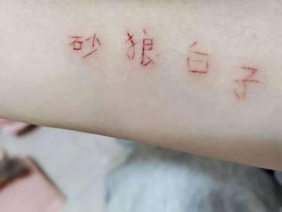 近距离特写展示了一个人的手臂，皮肤上有红色划痕形成的手写文字“砂狼白子”。字迹线条粗糙、不规则，呈现出用尖锐物体划伤皮肤后留下的新鲜痕迹，颜色为浅红色。背景模糊，主要聚焦于手臂的特写部分，未显示其他明显物体或场景。
