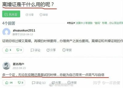 这是一张来自知乎平台的社交媒体截图，展示了一个关于“离婚证是干什么用的呢？”的问答内容。第一个用户zhuzuokun2011于2018年4月13日给出了符合实际的用途解释，说明离婚证可用于再婚、办理房产等场景，作用类似未婚证明；第二个匿名用户在2013年4月23日给出了一个脱离实际的搞笑玩梗回答，称离婚证在应聘或面试时能给自己带来底气与自信，将证件的用途调侃到职场场景，制造出反差笑点。截图底部带有相关水印信息。