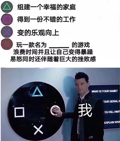 这是一张搞笑自嘲的梗图，采用图文混排的形式呈现。上方设计了四个对应PS手柄按键的人生选择项：三角键对应“组建一个幸福的家庭”，方块键对应“得到一份不错的工作”，叉键对应“变得乐观向上”，圆形键对应“玩一款浪费时间、让人暴躁易怒还伴随巨大挫败感的游戏”；下方是改编自游戏画面的内容，将其中的角色标注为“我”，该角色正伸手按下圆形按键，对应选择了最后一个消极选项。整张图用游戏选单的形式调侃自己宁愿沉浸在让人情绪糟糕的游戏里，也不愿选择积极的人生目标，精准戳中不少玩家的真实心态，充满反差感和趣味性。