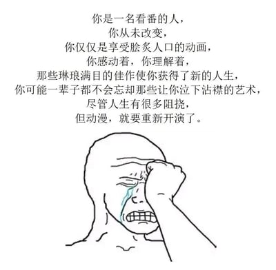 这是一张专为动画爱好者创作的图文混排类图片，上方是一段充满共情的原创文案，精准描绘了动画爱好者的内心世界：文案点明动画爱好者始终保持着对动画的热爱，在优秀的动画作品中收获感动与理解，那些经典的动画佳作不仅带来了精神上的慰藉，更像是给予了他们新的人生体验，那些令人落泪的动画片段会成为一生难忘的记忆；同时也传递出，即便在人生遭遇挫折时，动画也能成为重新振作的力量，如同剧集重新开演一般，给予人继续前行的勇气。图片下方搭配了一幅网络流行的简笔画哭泣人物，该人物以极简的线条勾勒，眉头紧蹙，用手按压着眼睛，脸上挂着清晰的泪痕，嘴巴紧抿，呈现出悲伤又带着深深触动的哭泣姿态，与上方的文案完美呼应，将动画爱好者被作品打动、在人生低谷中被动画治愈的复杂情绪直观地展现了出来，极易引发动画爱好者的情感共鸣。