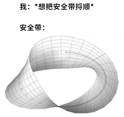 图片上方文字为“我：*想把安全带捋顺*”，下方文字“安全带：”对应一个复杂的3D网格结构图形，该图形类似数学中的莫比乌斯环——一种具有连续、不可定向特性的曲面。图片通过拟人化对比，幽默地表现了人们试图将缠绕混乱的安全带捋顺时，安全带却呈现出如同莫比乌斯环般复杂难解的状态，以此夸张展现日常整理安全带时的无奈与搞笑场景。