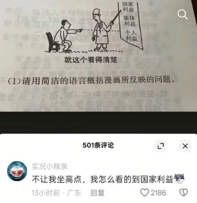 图片展示了一幅讽刺漫画及社交媒体评论区。漫画中有两个人物，坐着的人手指站立者，站立者手持教鞭指向一个包含'国家利益'、'集体利益'、'个人利益'的层级图，图下方文字为'就这个看得清楚'。漫画下方有问题'(1)请用简洁的语言概括漫画所反映的问题。'。评论区显示用户'实况小辣条'的热门评论：'不让我坐高点，我怎么看的到国家利益'，获得2186个赞，发布于13小时前的广东。