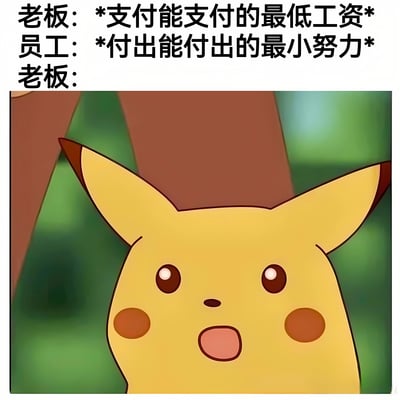 这是一张职场主题的搞笑梗图，上方是老板和员工的对话文字：老板说'*支付能支付的最低工资*'，员工回应'*付出能付出的最小努力*'，最后老板的台词后配上了精灵宝可梦角色皮卡丘惊讶张嘴的经典表情截图，形成幽默的对比效果，讽刺了职场中工资与努力不成正比的现象。