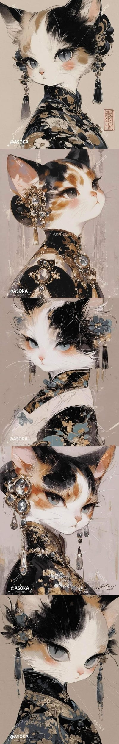 这是一幅竖版多图拼接的风格化插画作品，展示了一只拟人化的三花猫身着华丽传统服饰的多个造型。猫咪头部梳有古典发髻，佩戴珠钗、流苏等精致配饰，服饰上布满繁复的花卉纹样，整体色调以黑、金、米白为主，营造出典雅庄重的国风氛围。每个分镜中猫咪姿态各异，或侧头凝视，或微微颔首，眼神清澈灵动，表情温婉沉静，细节刻画细腻，尽显东方美学韵味。