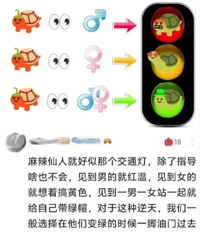 这是一张图文结合的搞笑梗图，将原创的辣椒乌龟形象“麻辣仙人”与交通灯乌龟形象做对应玩梗：
1. 麻辣仙人+眼睛+男性符号 → 红灯愤怒乌龟（红温状态）
2. 麻辣仙人+眼睛+女性符号 → 黄灯花痴乌龟（搞黄色暗示）
3. 麻辣仙人+眼睛+男女符号 → 绿灯戴绿帽乌龟（绿帽梗+绿灯双关）

下方配文解释梗意：“麻辣仙人就好似那个交通灯，除了指导啥也不会，见到男的就红温，见到女的就想着搞黄色，见到一男一女站一起就给自己带绿帽，对于这种逆天，我们一般选择在他们变绿的时候一脚油门过去”。

梗点说明：
- 红温：网络热词，指愤怒到情绪激动
- 绿帽：同时对应情侣组合和绿灯，一语双关，玩被绿的搞笑梗
- 搞黄色：指对女性抱有低俗想法的调侃