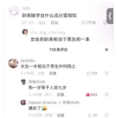 这是一张国内社交平台评论区的截图，内容是围绕学历与性别展开的玩梗互动。最初用户“净明”发表了针对职高辍学女生的歧视性言论“职高辍学女什么成分望周知”，随后用户“zhu_jing_chen.org”用“女生的职高相当于男生的一本”开启了无厘头的学历换算，接着用户“ApdoSia”将这个换算递进为“女生一本相当于男生中科院院士”，用户“苏珊IKUN”则用“狗一岁等于人类七岁”的经典类比来调侃这种荒诞的换算逻辑，最后用户“Captain America.”评论“爆杀了”并配笑哭表情，整体通过递进式的荒诞类比，以搞笑的方式反讽了最初的学历性别双标言论，充满戏谑的讽刺意味。