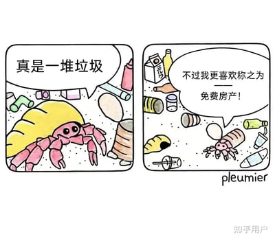 这是一张以寄居蟹为主角的漫画梗图，分为两格。第一格中寄居蟹面对沙滩上的垃圾发出感叹“真是一堆垃圾”；第二格，寄居蟹却表示“不过我更喜欢称之为——免费房产！”整个画面既揭露了海洋垃圾问题，也通过寄居蟹的角度展现了环保话题下的幽默和讽刺，对‘垃圾’与‘房产’的双关进行了巧妙幽默的处理，让人会心一笑。

安全梗点提示：
该梗图通过“垃圾”与“免费房产”形成对比，有双关语和讽刺成分。
