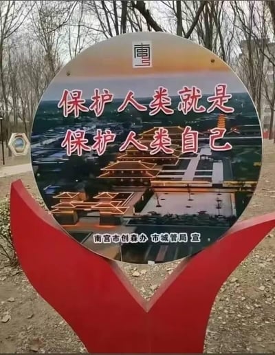 图片展示了一块位于公园中的圆形宣传标语牌，背景为冬季光秃秃的树木。标语牌主体为红色文字“保护人类就是保护人类自己”，下方标注“南宫市创森办 市城管局 宣”。牌面背景印有城市景观图，包含传统风格建筑群和现代城市轮廓，顶部有“南宫”字样印章。整体给人正式的公益宣传印象。