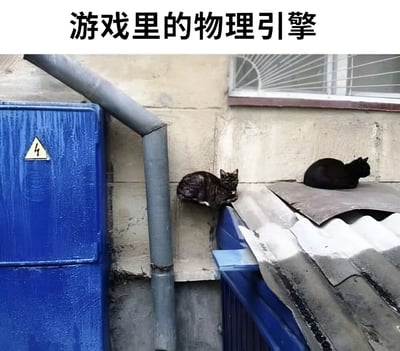 图片顶部有文字“游戏里的物理引擎”，下方是一张实拍照片。左侧有一个蓝色电箱（带有高压警示标志）和灰色管道，一只深色猫以极其不自然的姿势“卡”在墙与管道之间，仿佛违反了物理规律；右侧屋顶上另一只黑猫则正常趴着。该梗图通过对比两只猫的状态，幽默调侃游戏中物理引擎时常出现的“穿模”“卡模型”等bug，将卡墙的猫比作游戏里因物理引擎故障而错位的角色。