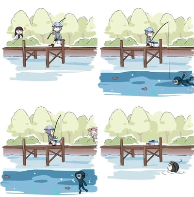 这是一组四格卡通漫画，讲述了一个充满反差感的搞笑日常小故事：
1. 第一格：戴蓝帽子的男生拿着渔具准备去码头钓鱼，身后的女生一脸惊讶地注视着他；
2. 第二格：男生坐在码头的木桥上开始钓鱼，水下刚才的女生换上了潜水服，悄悄准备帮他“作弊”钓鱼；
3. 第三格：男生成功钓上了鱼，岸边的女生换了休闲装，开心地为他欢呼；
4. 第四格：男生已经离开码头，只留下了渔具箱，水下的潜水女生冒出头，一脸疑惑地发现自己被丢下了。
整个故事通过情节的反转制造搞笑效果，没有谐音或双关类的梗。
