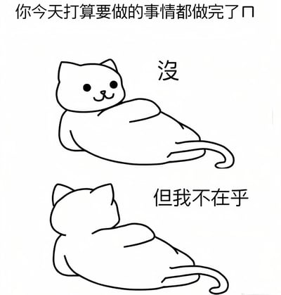 这是一张黑白线稿风格的单图表情包，画面中有两只姿态相同的卡通猫咪。上方文字为“你今天打算要做的事情都做完了口”（末尾“口”疑似“吗”的笔误），第一只猫咪旁配文“没”，第二只猫咪旁配文“但我不在乎”。整体通过猫咪慵懒的躺姿和直白的文字，幽默地表达了面对未完成任务时“摆烂”的轻松心态。