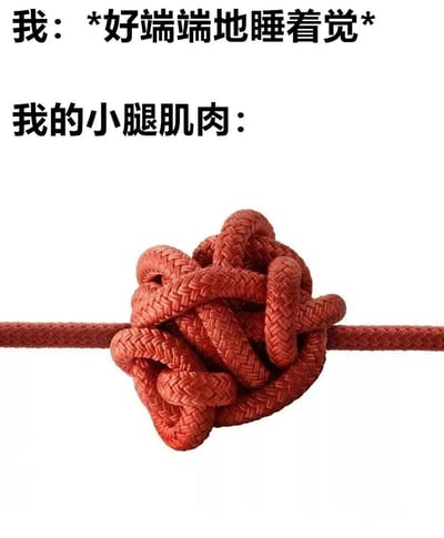 图片上方文字为“我：*好端端地睡着觉*”，下方文字为“我的小腿肌肉：”，文字下方是一张红色粗绳打了复杂死结的照片。通过将睡眠中突然抽筋的小腿肌肉比喻成纠缠不清的绳结，幽默地表现了人们在睡眠中遭遇小腿肌肉抽筋时的无奈与疼痛感，引发共鸣。