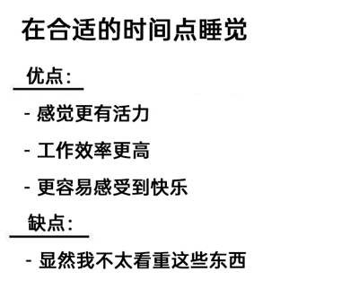 这是一张纯文字趣味图文，以“在合适的时间点睡觉”为主题，分点列举了在合适时间睡觉的三项优点：感觉更有活力、工作效率更高、更容易感受到快乐；而在缺点板块仅用一句“显然我不太看重这些东西”来表述，通过这种反差感的内容，以自嘲的方式展现了明明知晓按时睡觉的益处，却依旧不在意、无法践行规律作息的状态，充满幽默趣味，极易引发有类似作息习惯人群的共鸣。