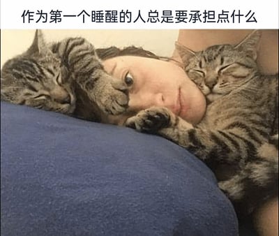 这是一张充满生活趣味的搞笑养宠日常照片，画面中一位真人被两只虎斑猫紧紧夹在中间，两只猫咪都闭着眼睛，神态放松满足，睡得十分香甜；左边的猫咪还用爪子按住了人的眼睛，这个人只有一只眼睛露出来，神情无奈，显然是在猫咪熟睡时被“禁锢”，无法动弹。图片上方的配文“作为第一个睡醒的人总是要承担点什么”，精准调侃了养宠人在这种温馨又无奈的处境，将养宠过程中那种幸福又有点小憋屈的瞬间展现得淋漓尽致。