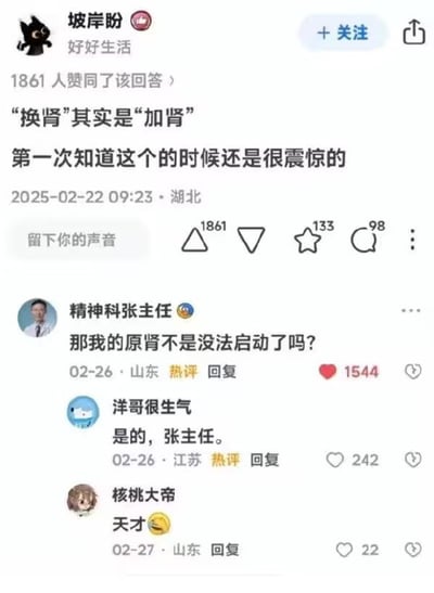 该图片为社交媒体平台的帖子截图，用户“坡岸盼”发布内容称“‘换肾’其实是‘加肾’”，并表示第一次知道时很震惊。帖子下方显示有1861人赞同，发布时间为2025年2月22日09:23，地点标注为湖北。评论区有“精神科张主任”“洋哥很生气”“核桃大帝”等用户的互动评论，内容围绕“原肾是否无法启动”等话题展开，整体呈现出知识分享与网友讨论的场景。