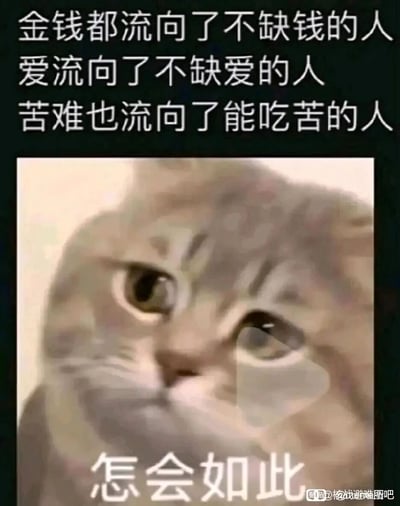 这是一张图文结合的表情包，上方用三句对仗的文字点明了一种戳中普通人的现实现象：金钱、爱这类美好资源往往流向本就拥有它们的人，而苦难却偏偏降临在能承受苦难的人身上，这种类似“马太效应”的反差充满了心酸感；下方搭配了一只眼含泪水、面部表情委屈又无奈的猫猫头，再配上“怎么会如此”的文字，将对这种现实的无力、心酸、无奈情绪具象化，很容易引发大众的情感共鸣，适合用来表达对不公现实的感慨。