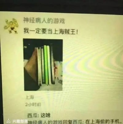 这是一张兴趣部落平台的社交媒体截图，发布者昵称是“神经病人的游戏”，发布的动态内容为“我一定要当上海贼王！”，并搭配了一张将书本摆成类似手机形状的照片，动态定位显示为上海，发布时间标注为2小时前。在评论区中，用户“西瓜”留言询问“这啥”，发布者回复“在上海偷的手机”，此处运用了谐音梗：将经典动漫《海贼王》的核心台词“我一定要当海贼王”，通过添加“上”字改写为“当上海贼王”，再故意曲解为“在上海当贼偷手机”，结合配图的书本造型，制造出荒诞搞笑的效果。