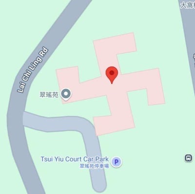 该图为一张静态地图截图，背景为浅绿色，显示了翠瑶苑周边区域。图中主要道路包括标注为“Lai Chi Ling Rd”的灰色道路及部分显示的“大窝口道”。中心区域为粉色建筑综合体，内部有一个红色定位标记。左侧有一个蓝色标记标注“翠瑶苑”，其下方有“Tsui Yiu Court Car Park”及“翠瑶苑停车场”字样，并配有蓝色停车“P”图标。整体用于展示翠瑶苑及其停车场的具体位置。