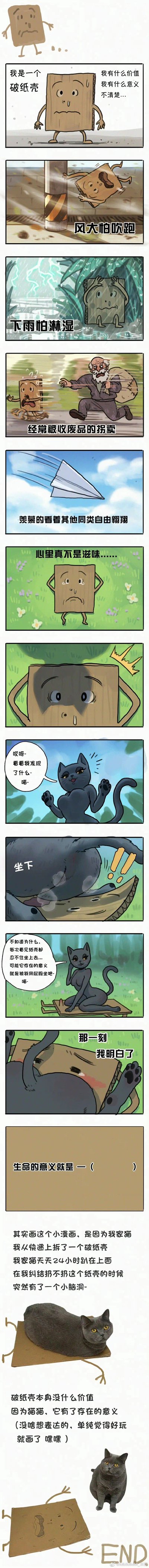 这是一幅竖版超长的原创卡通连环漫画，以拟人化的破纸壳为主角，讲述它因自身不起眼而迷茫存在的意义：它害怕被风吹走、被雨水淋湿，还会被收废品的老人追赶，同时羡慕能变成纸飞机飞翔的同类，内心充满低落。直到一只拟人化的黑猫发现它，将它当作坐垫，黑猫表示自己看到纸壳就忍不住坐下，破纸壳也因此找到了自己的价值。漫画后半部分是作者的真实经历分享：作者从快递盒拆出破纸壳后，自家猫咪24小时都趴在上面，作者在纠结是否丢弃纸壳时产生了创作脑洞，表达了“不起眼的物品也会因为被需要而拥有意义”的温暖内核，整体风格治愈可爱。