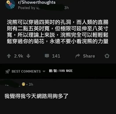这是一张经过翻译的Reddit社区r/Showerthoughts板块帖子截图，帖子通过对比浣熊可穿越的4英寸孔洞尺寸，以及人类直肠2.5英寸的常规宽度和可扩张至8英寸的极限尺寸，得出了“浣熊理论上可以轻松穿过人类直肠”的离谱脑洞结论。该帖子获得了2.9k点赞和141条评论，评论区的高赞回复以“我觉得我今天网用够多了”的调侃语气，表达了对这个荒诞脑洞的无语，契合该板块分享天马行空、脱离常规逻辑观点的风格。图片下方标注了翻译制作者为IVAN MADE。
