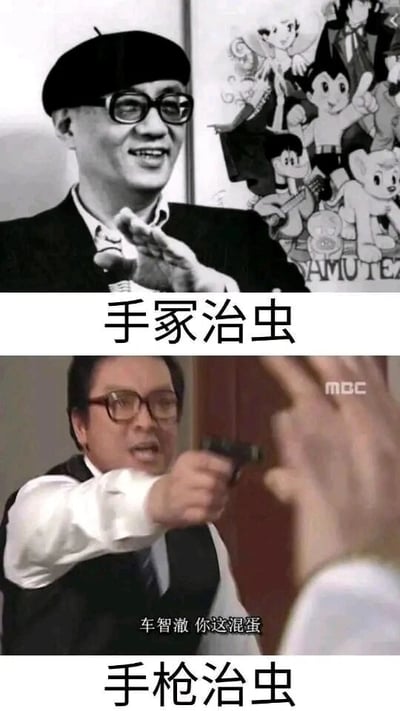 这是一张上下拼接的趣味梗图，采用谐音梗的方式制造笑点。上方是日本知名漫画家手冢治虫的照片，他头戴贝雷帽、戴着眼镜，面带微笑伸出手，背景中还有他创作的《铁臂阿童木》等卡通角色，下方配文“手冢治虫”；下方是韩剧《第五共和国》的视频截图，图中人物愤怒地举着手枪，截图内带有台词“车智澈 你这混蛋”，下方配文“手枪治虫”，利用“冢”与“枪”的发音相近的特点，将著名漫画家的名字玩成谐音梗，形成反差搞笑的效果。