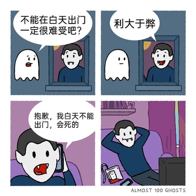 这是一则四格连环卡通漫画，以奇幻角色为载体进行职场吐槽。第一格中，幽灵关切地向窗边的吸血鬼询问“不能在白天出门一定很难受吧？”；第二格吸血鬼笑着回应“利大于弊”，引发好奇；第三格场景切换到室内，吸血鬼拿着手机，表情无奈地对着电话那头说“抱歉，我白天不能出门，会死的”；第四格揭晓谜底，吸血鬼惬意地瘫在沙发上，用插着充电线的血袋给手机充电，正放松地看屏幕，原来他口中的“利大于弊”是因为白天不能出门的设定刚好让他能躲开上班，享受悠闲的摸鱼时光，用荒诞的设定讽刺了社畜不想上班的普遍心态。