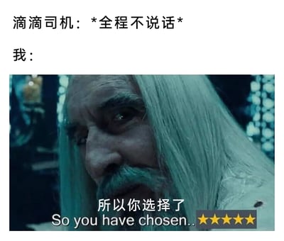 这是一张结合网约车日常场景的搞笑二次创作梗图。图中上方文字构建了乘坐滴滴出行的场景：司机全程保持安静，没有和乘客交谈；下方则使用了经典奇幻电影《指环王》中萨鲁曼的面部特写截图，原本严肃的影视镜头被配上了改编后的中英双语字幕“所以你选择了 So you have chosen..★★★★★”，以戏剧化的反差感，表达乘客因为司机安静不打扰自己，便决定给出五星好评的心态，精准贴合了不少人偏爱安静乘车环境的心理，通过影视角色的严肃神态和好评行为的结合制造出幽默效果，容易引发网友共鸣。