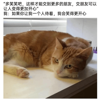 图片上方为两行文字，第一行为“多笑笑吧，这样才能交到更多的朋友，交朋友可以让人变得更加开心”，第二行为“我：如果你让我一个人待着，我会笑得更开心”。下方是一只橘白相间的猫趴在白色桌面上，身体舒展，眼神平静地看向镜头，背景有百叶窗透进的光线。整体通过文字与猫咪悠闲独处的画面形成对比，幽默地表达了内向者对独处时光的偏爱，与社交建议形成反差萌。