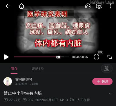 这是一张哔哩哔哩（B站）平台的视频播放截图，视频作者为“安可的竖琴”，视频标题为《禁止中小学生有内脏》。视频内容模仿了网络上伪健康科普的话术风格，以“医学研究表明”作为开头，列出高血压、高血脂、糖尿病、风湿、痛风、结石等多种疾病的患者群体，最后得出“体内都有内脏”的无厘头结论——该结论本身完全正确，但对疾病没有任何指向性意义，因为所有健康人类也都拥有内脏，通过这种严肃科普语气与荒谬结论的反差制造搞笑效果。该视频播放量达226.7万，拥有873条评论，是一则典型的无厘头玩梗类视频。